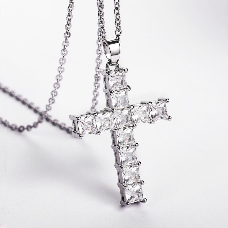 Fashion Cross Copper Inlay Zircon Pendant Necklace
