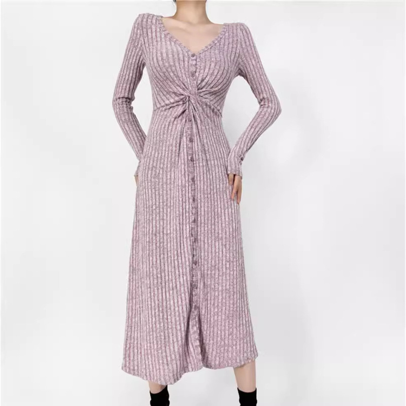 Pure Lust Style Sexy High-Waisted V Neck Twisted Breast-Revealing Retro Slit Over-The-Knee Slim Mid-Length Brushed Dress for Women