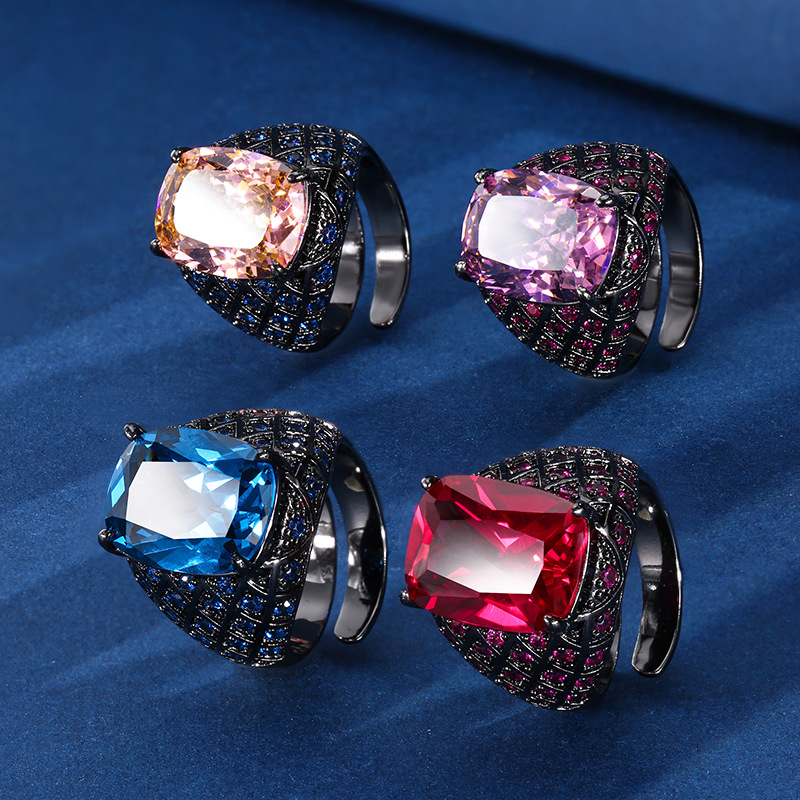 Otoño e invierno nuevo estilo Zhuang Shengsheng joyería fondo de cobre chapado en oro simulación cristal puntiagudo azul anillo retro mujer piedra 12*16