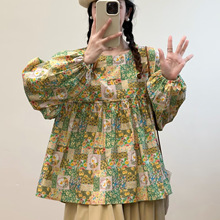 秋季女装新款韩版碎花圆领套头棉宽松长袖衬衫女衬衣