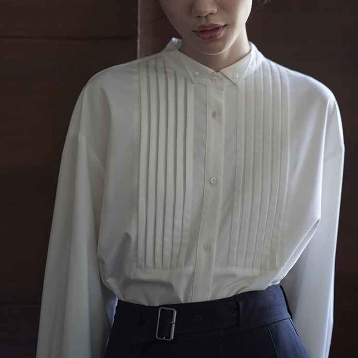 Vintage Retro Small Lapel Exquisite Tucker Line Placket Classic H-Fit Slimming Commuter Shirt for Women