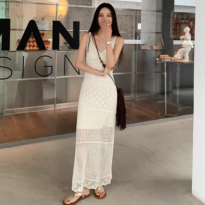 9957 Black Knitted Sling dress Women's Summer Slim-fit Tight Waist Long Dress Sleeveless Hollow-out V-neck Vests Dress