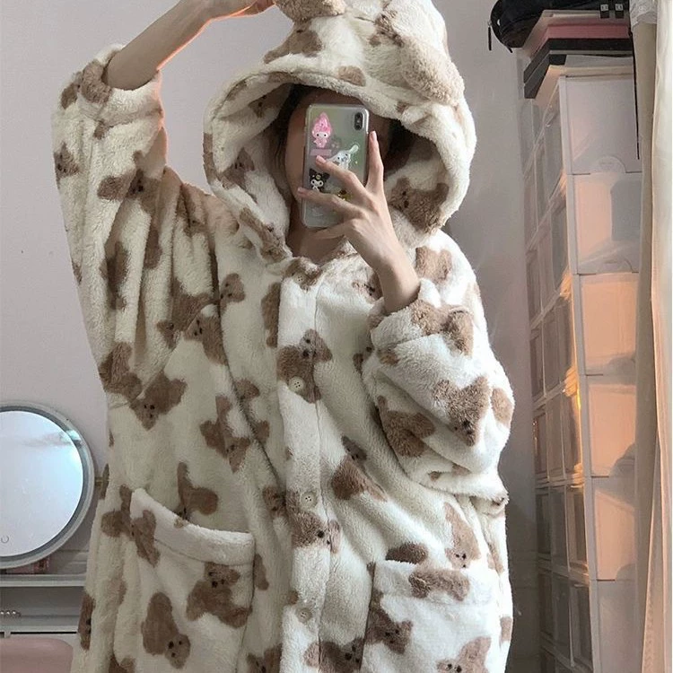 Зимняя коралловая пижама, бархатный флисовый милый демисезонный халат, комплект, 2025 года, с маленькими мишками, увеличенная плотность