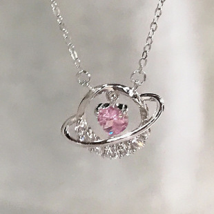 Titanium Steel Fashion Heart Pink Diamond Necklace Women's Cool Style Niche Design Planet Clavicle Chain Accessories Wholesale Delivery
