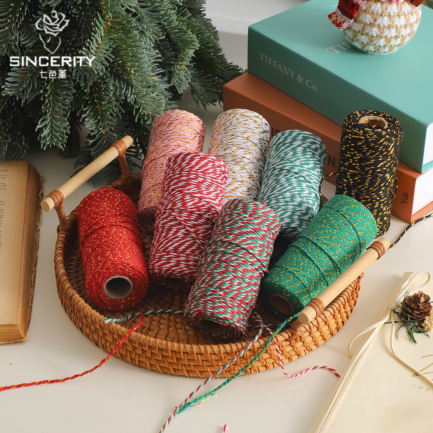 Cuerdas de algodón de dos colores de siete colores de navidad, cuerdas de regalo de embalaje de flores, flores de embalaje de regalos, florista DIY hecha a mano