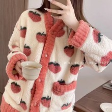 冬季加绒加厚珊瑚绒睡衣少女保暖舒适印花水蜜桃秋冬款家居服套装