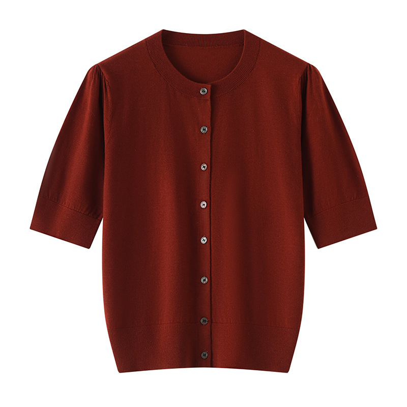 Fine-Spun Mulberry Silk Knitted Cardigan Style Short-Sleeved Women's Spring and Summer Round-Neck Half-Sleeved Top Loose Slimming Short T-Shirt Fine-Spun Mulberry Silk Knitted Cardigan Style Short-Sleeved Women's Spring and Summer Round-Neck Half-Sleeved Top Loose Slimming Short T-Shirt