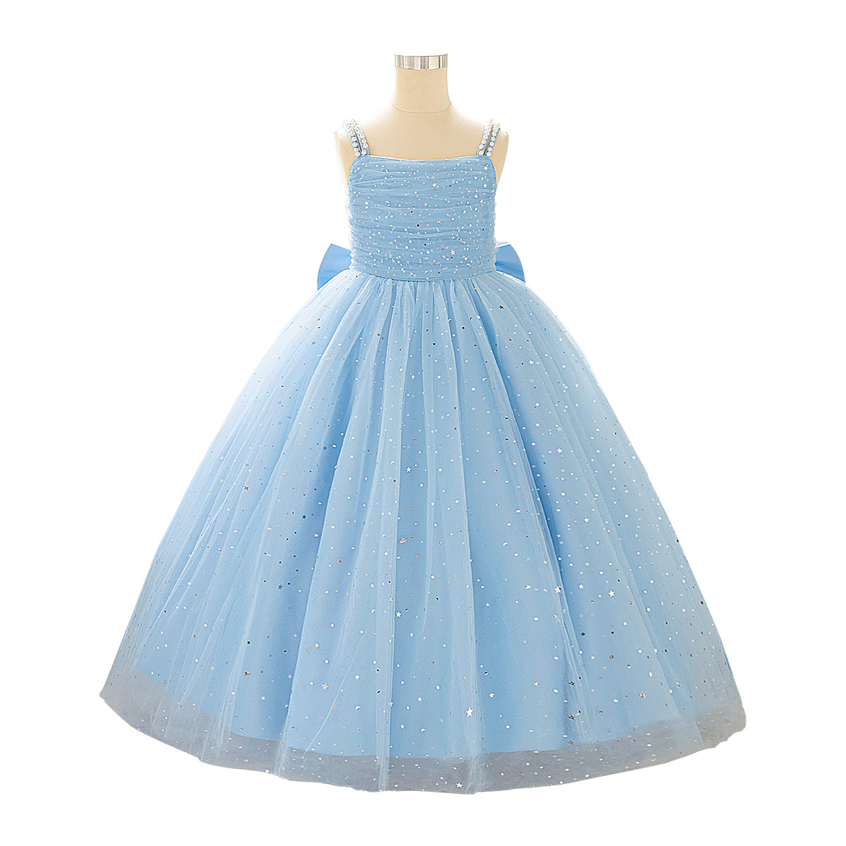 Vestido de niñas perlas esbellas esbellas de acero vestido de princesa gran arco vestido de niños vestido largo piano