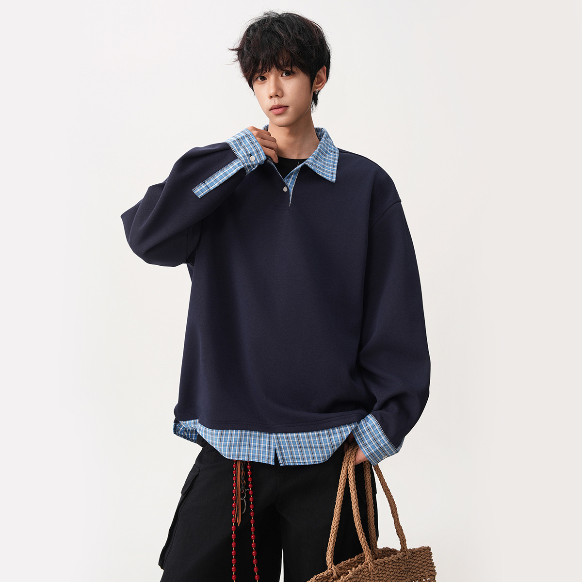 Falsa camisa de dos piezas cuello de costura polo camisa vieja camisa de estilo de dinero para hombre sensación superior primavera y otoño fábrica de manga larga transfronteriza al por mayor