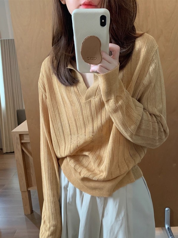 韩系老钱风polo领长袖针织衫T恤女秋季设计感v领宽松内搭打底上衣|undefined