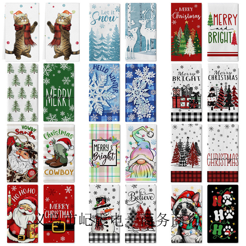 Cross-Border Winter Christmas Pine Tree Snowman Kitchen Towel Cat and Dog Dish Towel Farmhouse Seasonal Kitchen Dish Towel