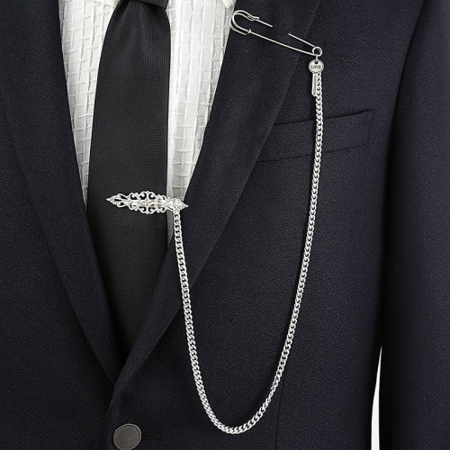 Fashionable tie clip long chain formal suit men's gold silver collar clip rudder electrocardiogram bear clip