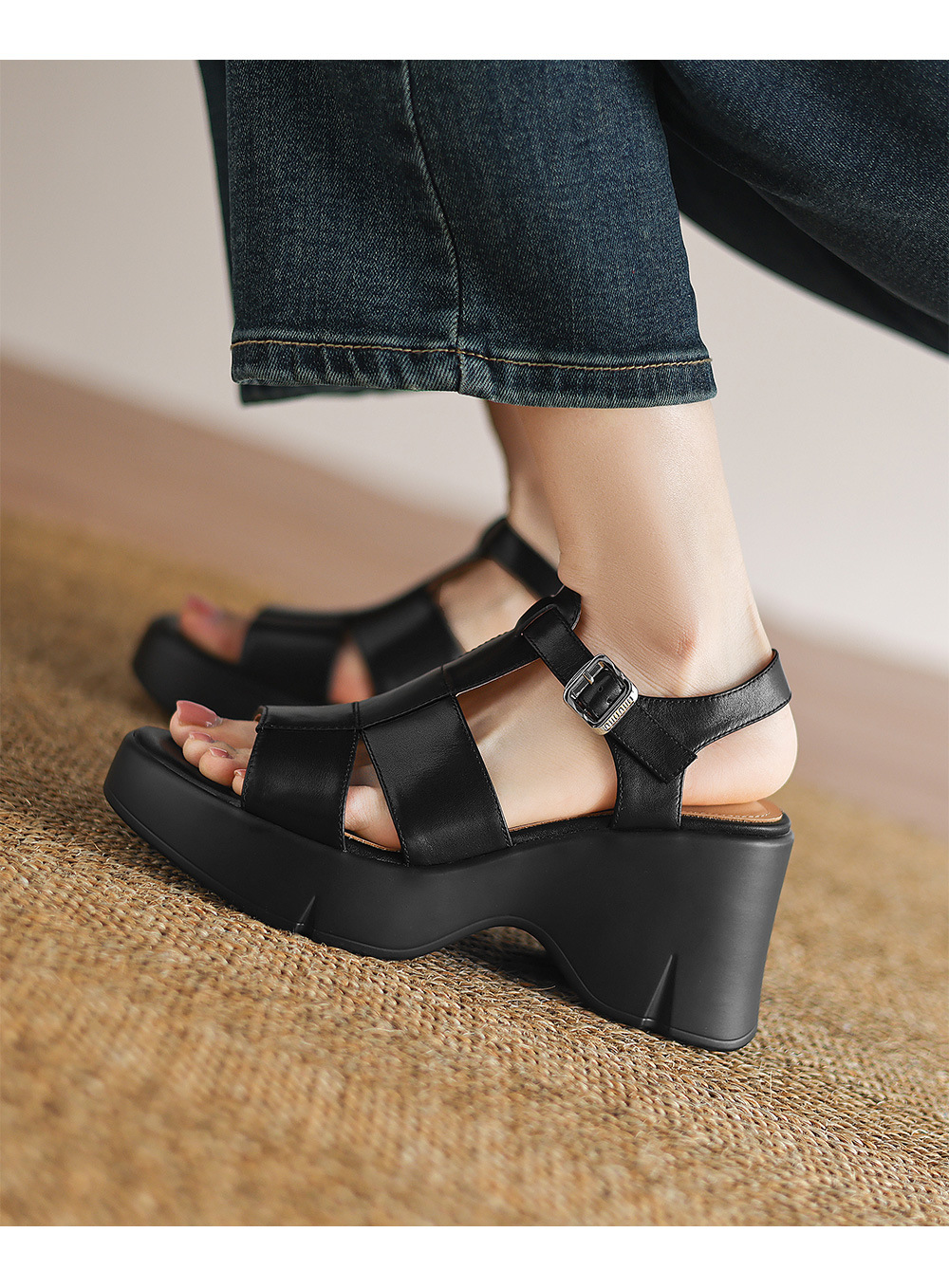 Giày sandal cao gót đế xuồng nữ phong cách La Mã, gót 9 cm, quai rỗng thoáng mát — Màu đen, Màu trắng be chi tiết 6