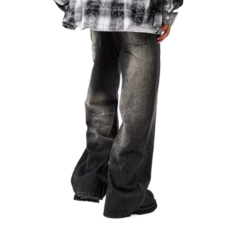 Men's Clothing retro high end rivet design washed black jeans distressed versatile loose wide leg trousers for men_ipsvogv.com