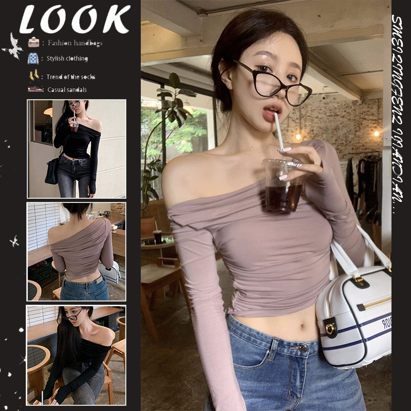 小心机褶皱一字领露肩长袖t恤女早秋新款ins辣妹修身显瘦短款上衣