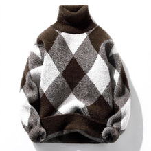 秋冬季棋盘格高领针织衫男式韩版新款长袖毛衣潮男时尚套头毛线衫