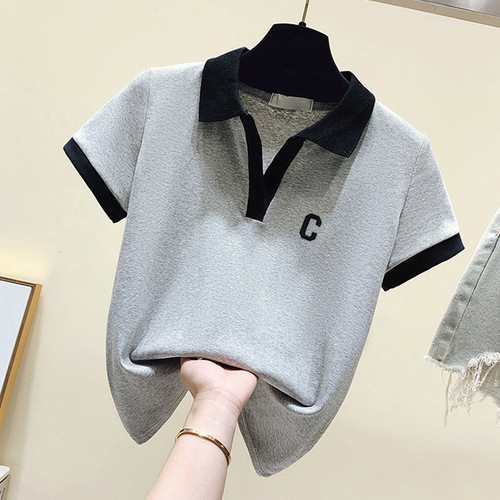 Plus-size women's polo shirts with straight shoulders, short-sleeve T-shirts for the 2025 summer, for micro-fat mm to cover the stomach and look slimmer, V-neck tops