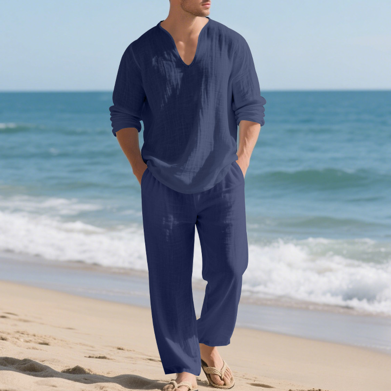 Herren Leinenanzug Für Den Herbst Casual Beach V-ausschnitt Set_voghion.com