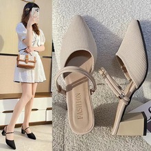 尖头包头中跟粗跟凉拖鞋半拖凉鞋女夏2024新款透气布外穿
