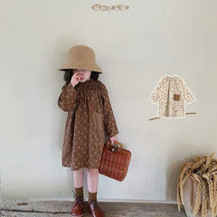 韓版童裝2024新 春秋女童碎花口袋連衣裙復古風甜美小裙子
