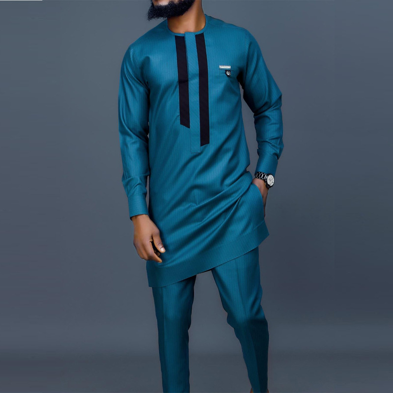 2023 African ethnic style men's casual suit 2-piece set long sleeve solid color stitching shirt and pants suit