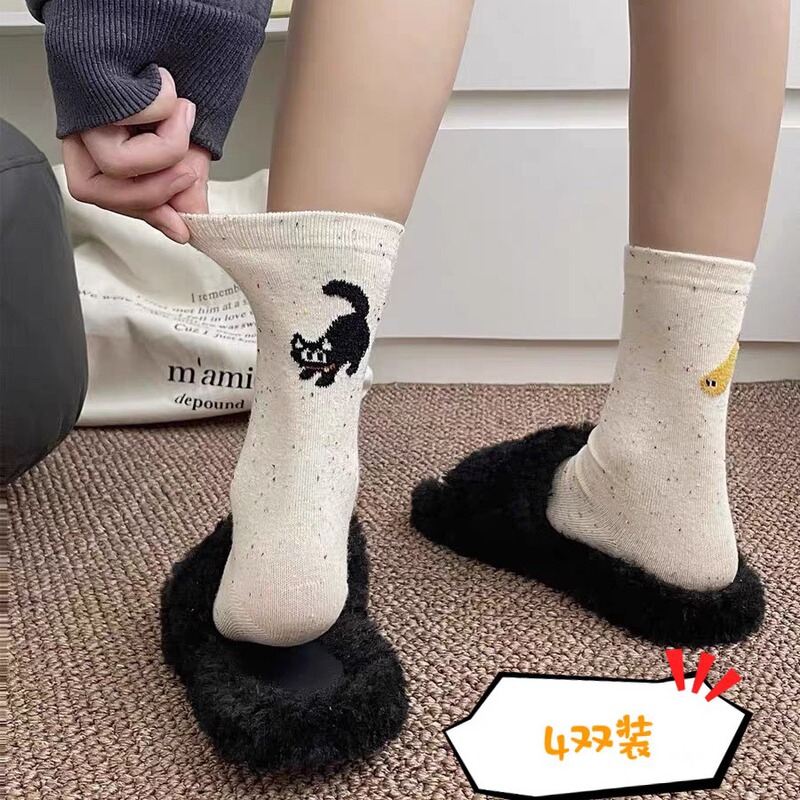 Spring and Autumn Korean Versatile Student Socks with Cute Cartoon Cat Mid-Tube Yarn Socks Zhuji Socks