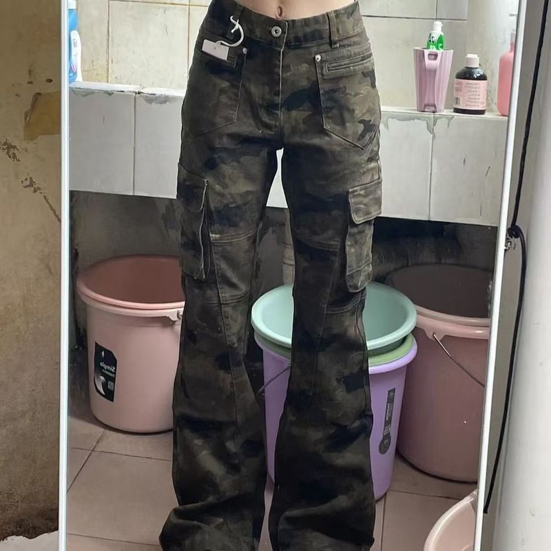 アメリカンマルチポケットデザイン迷彩カーゴジーンズ女性用 2025 夏人気のハイストリートスリムフィットフロアモップパンツ|undefined
