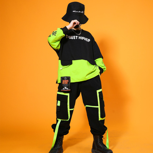 Children green hiphop Street Dance costumes for girls Boys jazz dance rapper singers Hip Hop Drum Performance Clothing Girls' Hiphop Jazz Dance outfits for kids