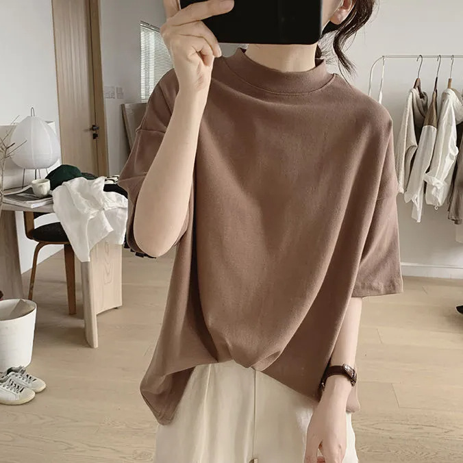 반 높이 칼라 티셔츠 여성의 봄과 여름 새로운 느슨한 슬리밍 한국 스타일 간단한 반소매 연령 감소 면 기본 탑