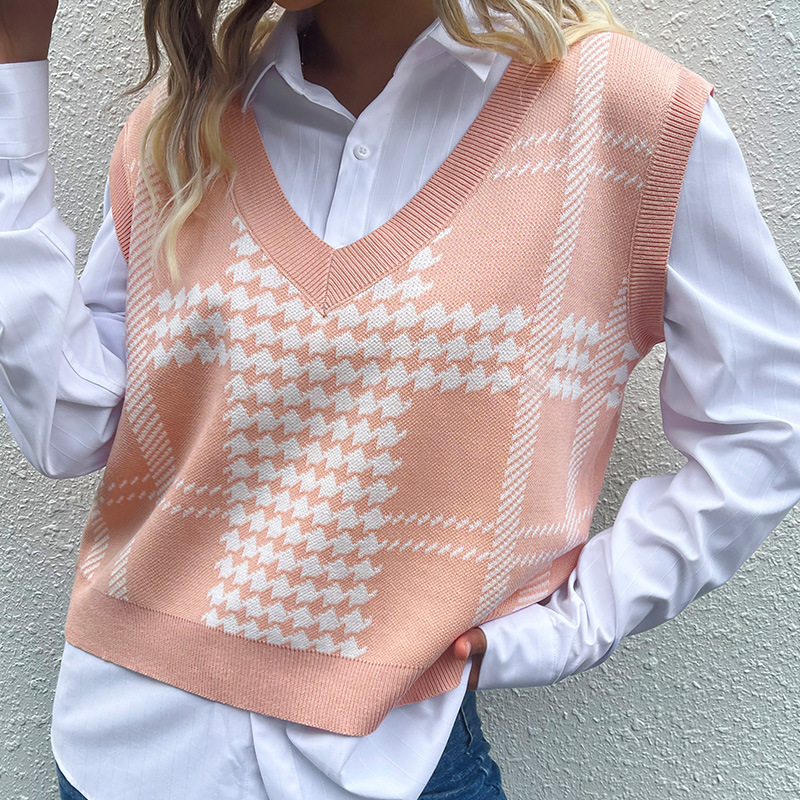 Amazon's New 2026 Autumn and Winter Cross-Border European and American Fashion Women's Sleeveless Jacquard Houndstooth Pullover Sweater Vest