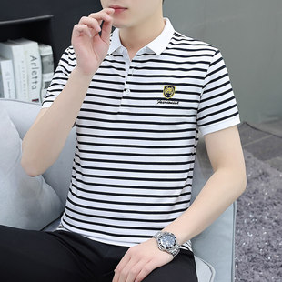 2025 Pure Cotton Polo Shirt Short-Sleeved Men's Summer New Youth Stripesd T-Shirt Slim Korean Style Lapel Half-Sleeved Men's Clothing