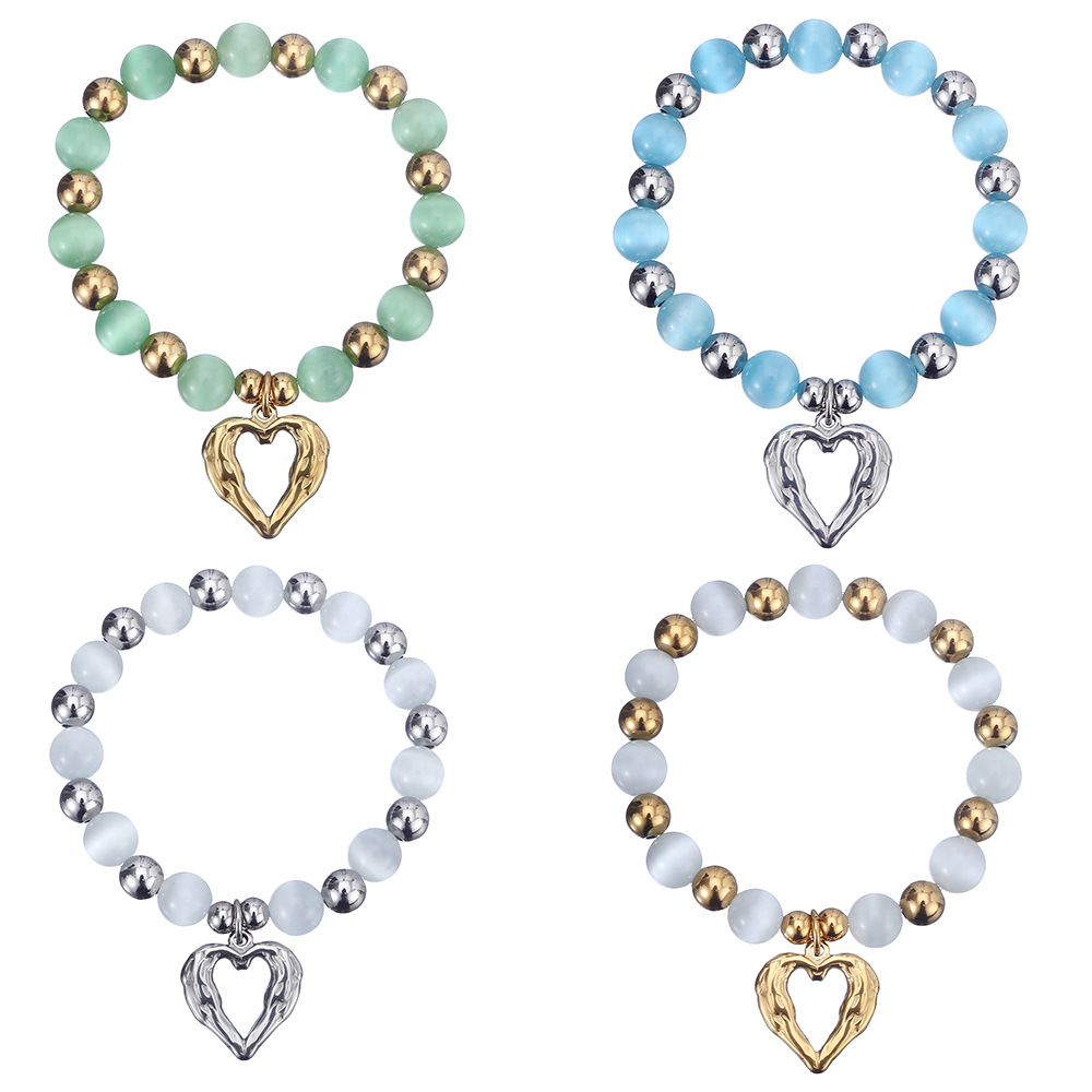 43g Weight Bracelets Classification 304 Stainless Steel Chain Material 1 Piece Quantity Holiday, Daily Occasion 304 Stainless Steel, Cat's Eye Stone Material Heart Shape Pattern Women's Gender Beaded Design Sweet Style Sweet Heart Shape 304 Stainless Steel Cat's Eye Stone Bracelets In Bulk 5