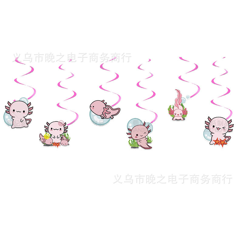 新款粉色蝾螈主题派对装饰可爱儿童派对拉旗蛋糕插螺旋布置用品|undefined