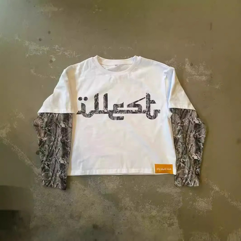 Cross-Border Aliexpress American Y2K Street Fashion Camouflage Print Patchwork Shirt T-Shirt Men's Long-Sleeved Loose Sweatshirt