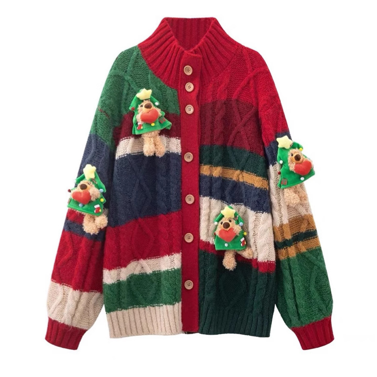 Dalong Knitwear Factory Autumn and Winter New Christmas Care Bear Knitted Cardigan Color Block Sweater Soft Waxy Top for Women