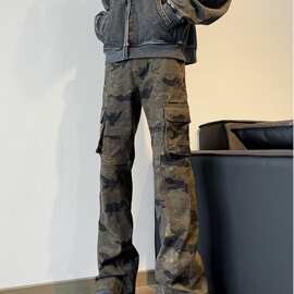 美式vibe高街迷彩工装裤男潮牌春秋季新款直筒显瘦微喇休闲长裤子