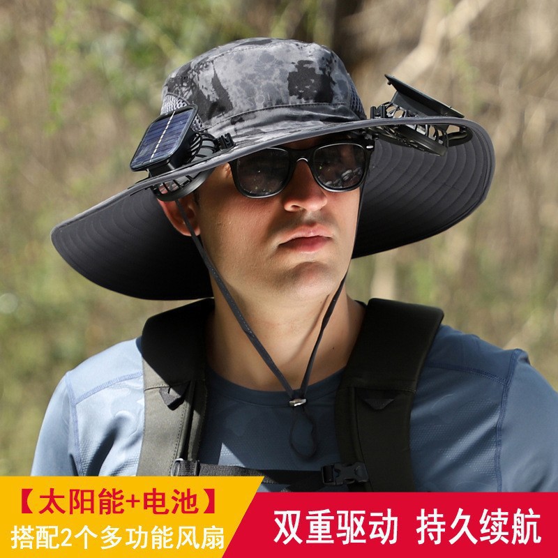 Sombrero de ventilador solar para hombre de verano gran sombrero de borde anti-UV sombrero de pescador de montaña sombrero de ventilador de sombra de pesca