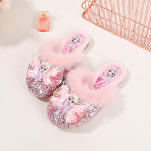 Children's Cotton Slippers Winter New Velvet Warm Slippers Girls Elsa Princess Toe-Toe Shoes Girls Fur Slippers Non-Slip