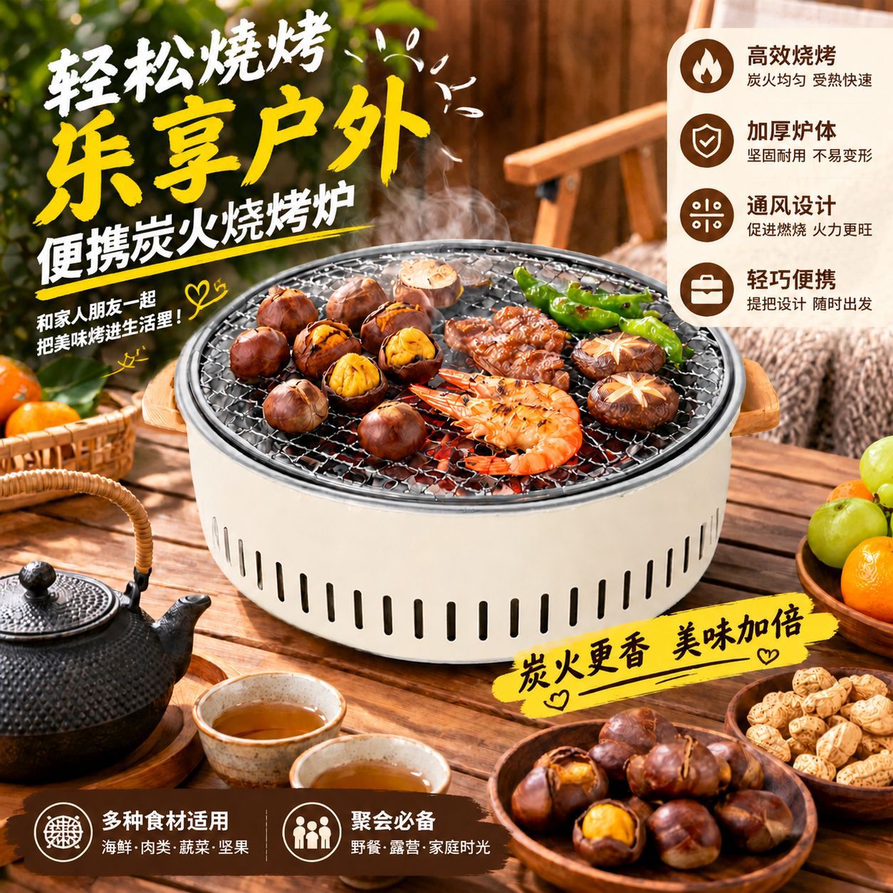 Multi-Functional Tea Brewing Set with Barbecue Grill, Portable Electric and Charcoal Dual-Use Camping Tea Stove