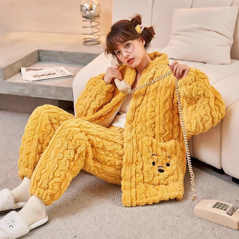 Pijama de embarazo de invierno de coral de lana de tres capas de algodón intercalado 2024 nuevo conjunto de pijama grueso prénatal