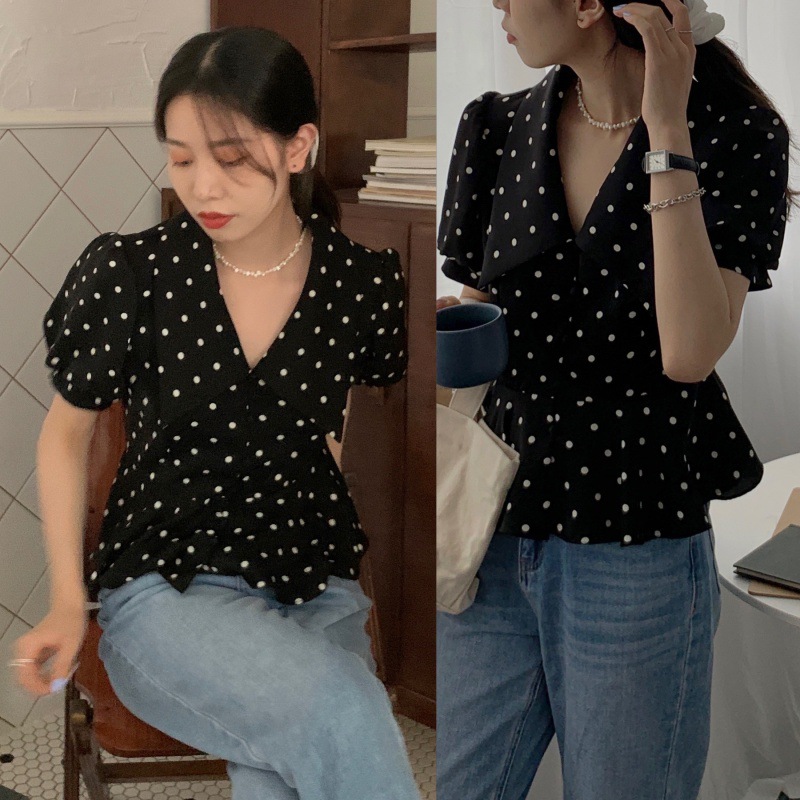 goods in stock Real shot Retro dots Large lapel puff sleeve Waist shirt