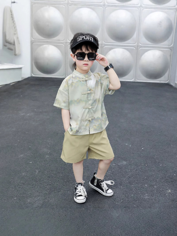 子供の漢服のスーツの夏服の男の子の新しい中国風の半袖のシャツの半ズボンの2つのセットの赤ちゃんの1歳のドレス|undefined