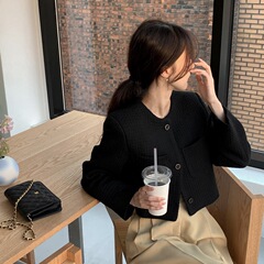 现货 韩国chic复古气质别致三粒扣口袋休闲小香风粗花呢短外套女