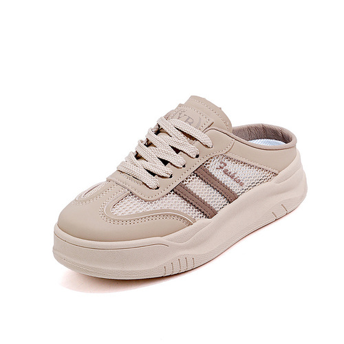 Half-slip white shoes for women, flat-soled outer wear, summer 2026 new casual mesh maternity toe slippers for women 5908-1