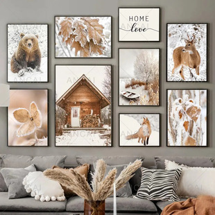Autumn and winter snow landscape fallen leaves elk wooden house bear living room decorative painting new triple painting hanging painting sofa background wall
