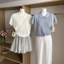 韩系娃娃领短袖T恤夏季新款甜美减龄气质针织衫蕾丝小花边上衣