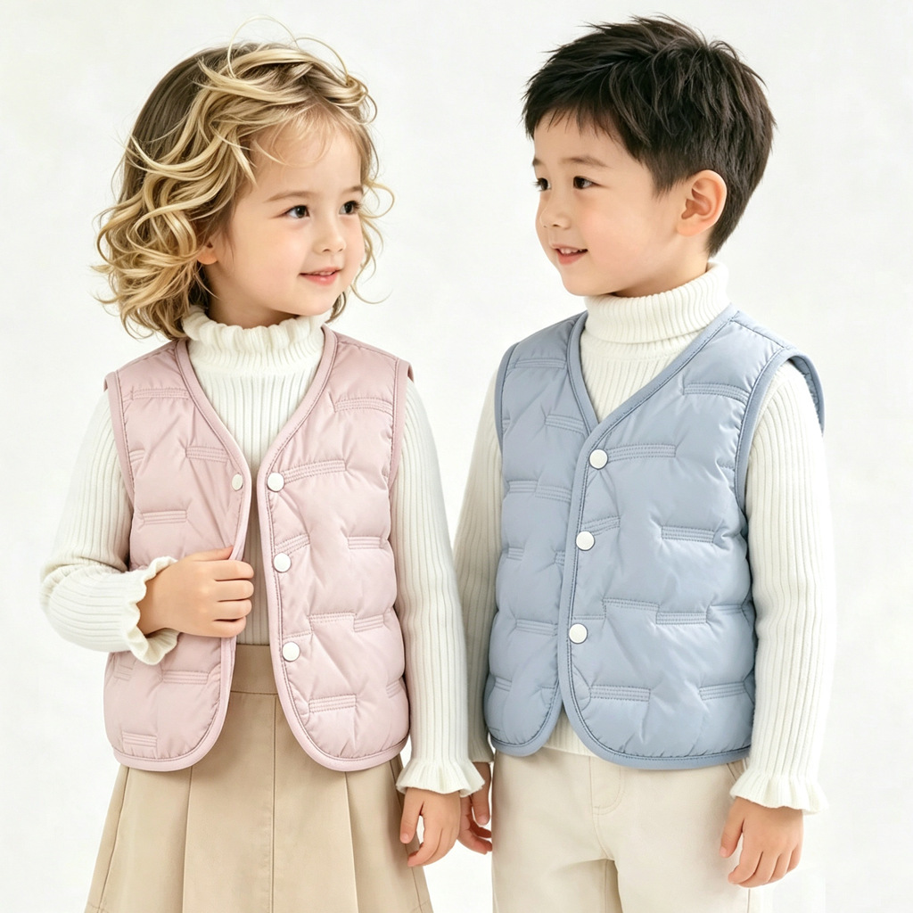 New children's color-blocked zipper cotton vest, round neck, lightweight, cotton-padded inner lining for toddlers and preschoolers, for export.