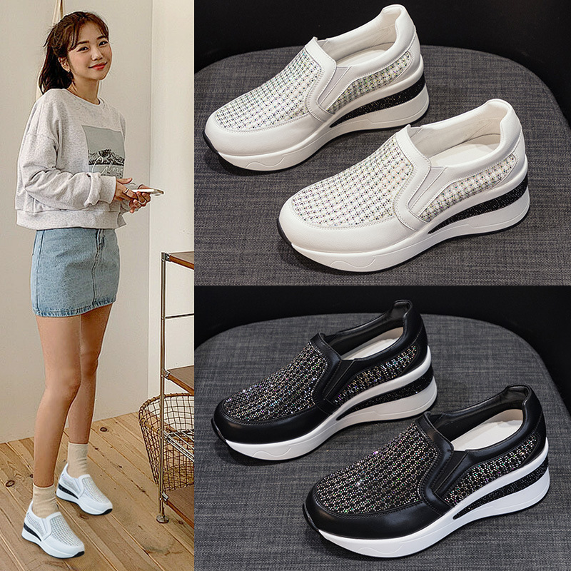 7cm Rhinestone Wedge Casual Shoes Women's New Loafers Thick-soled Casual Single-layer Shoes Lightweight Travel Shoes White Shoes