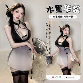 性感中式情趣内衣女水墨风露胸古风睡裙纯欲透视激情免脱套装2816