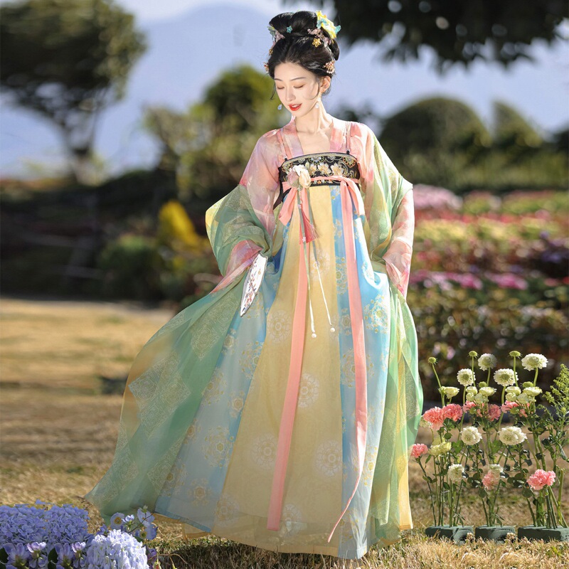 Original Tang-Style Hanfu for Women【Broken Glass】Tang-Style Qi-Xiong Shirt and Skirt Set, Spring and Summer Daily Wear, Ethereal Hanfu Outfit